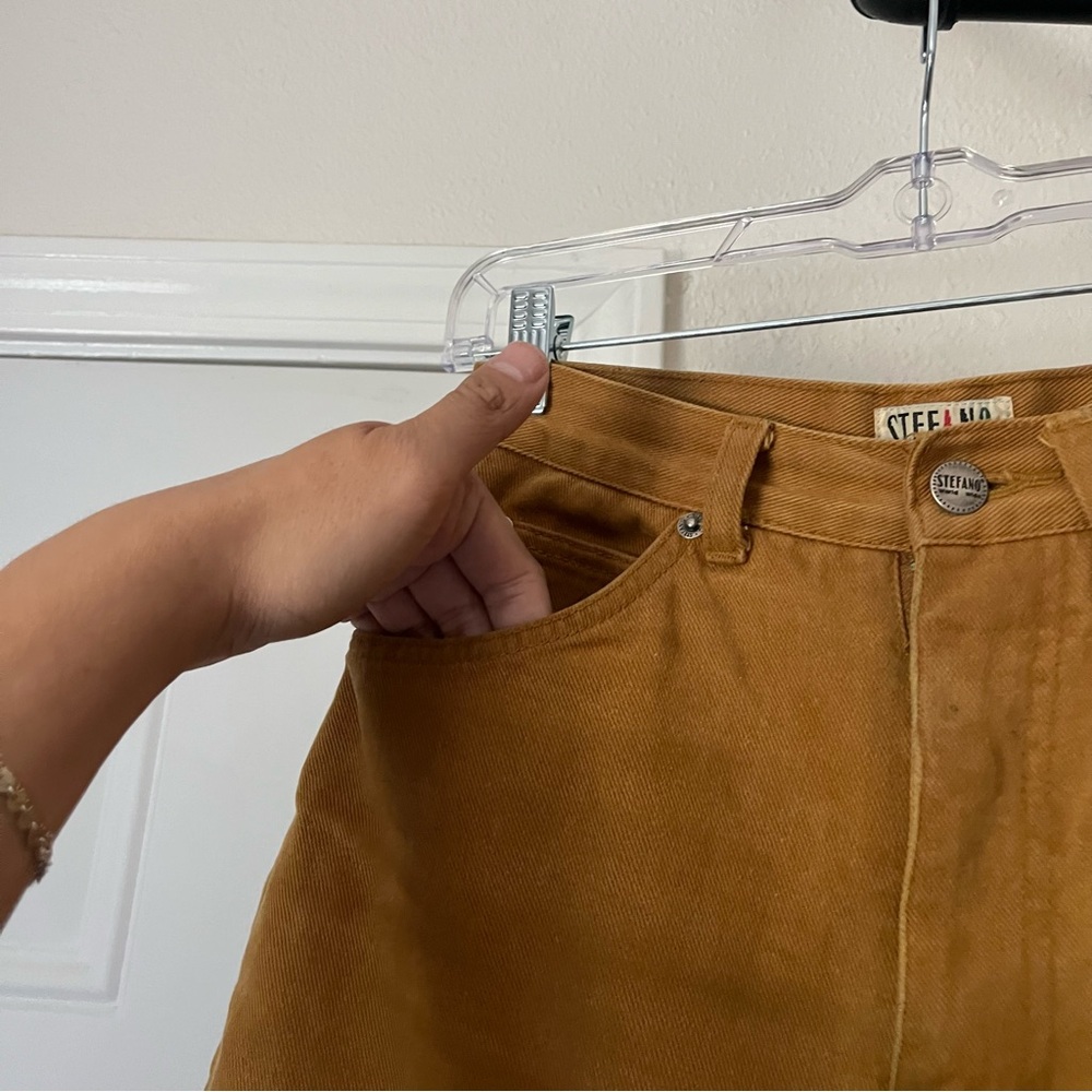 VINTAGE mustard yellow denim skull leaf graphic wide tapered leg high rise jeans - Picture 5 of 9